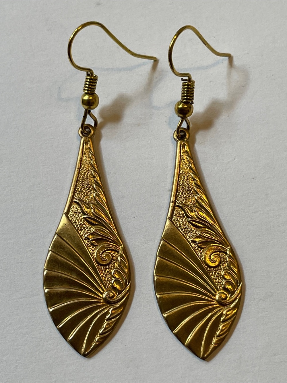 Gold Art Nouveau Brass Embossed Teardrop Dangle Earrings